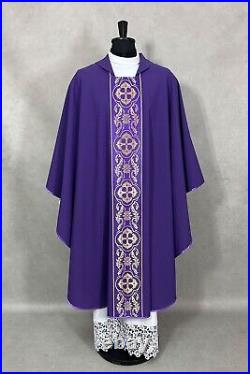 Gothic Chasuble, purple vestment, woven orphrey, plain fabric