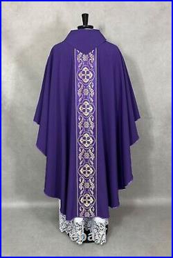 Gothic Chasuble, purple vestment, woven orphrey, plain fabric