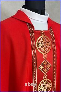 Gothic Chasuble, red vestment, woven orphrey, plain fabric