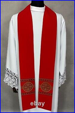 Gothic Chasuble, red vestment, woven orphrey, plain fabric