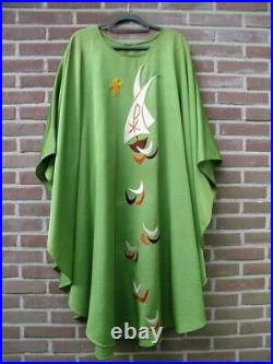 Green Catholic liturgical chasuble vestment with embroidered ships on the waves