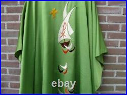 Green Catholic liturgical chasuble vestment with embroidered ships on the waves