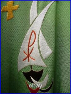 Green Catholic liturgical chasuble vestment with embroidered ships on the waves