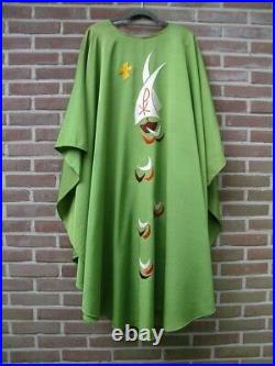 Green Catholic liturgical chasuble vestment with embroidered ships on the waves