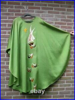 Green Catholic liturgical chasuble vestment with embroidered ships on the waves