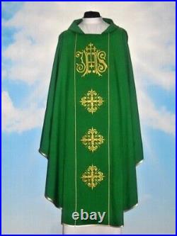 Green Chasuble With Stole, THREAD EMBROIDERY FRONT & BACK IHS Design