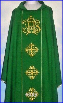 Green Chasuble With Stole, THREAD EMBROIDERY FRONT & BACK IHS Design