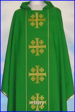 Green Chasuble With Stole, THREAD EMBROIDERY FRONT & BACK Jerusalem Cross Design
