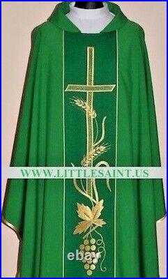 Green Chasuble With Stole, THREAD EMBROIDERY FRONT & BACK Meshwork Cross Design