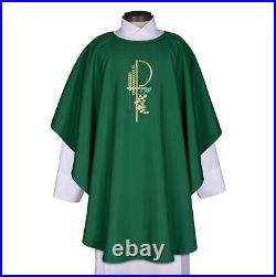 Green Eucharistic Chasuble with Chi Rho, Grapes, and Wheat Embroidered Design