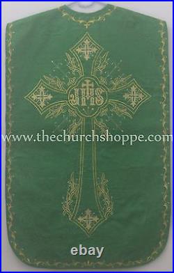Green Roman Chasuble Fiddleback Vestment and 5pcs mass set IHS embroidery NEW