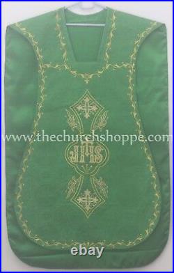 Green Roman Chasuble Fiddleback Vestment and 5pcs mass set IHS embroidery NEW