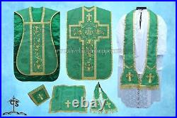 Green Roman Chasuble Fiddleback Vestment and Mass set, IHS embroidery