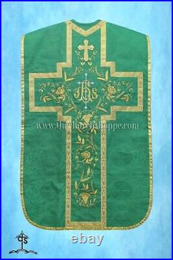 Green Roman Chasuble Fiddleback Vestment and Mass set, IHS embroidery