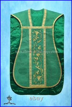 Green Roman Chasuble Fiddleback Vestment and Mass set, IHS embroidery