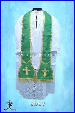 Green Roman Chasuble Fiddleback Vestment and Mass set, IHS embroidery