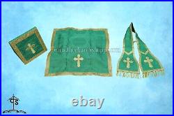 Green Roman Chasuble Fiddleback Vestment and Mass set, IHS embroidery