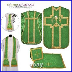 Green Roman Eucharist Chasuble Fiddleback Vestment 5pcs mass set, Casulla