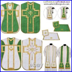 Green and White Reversible Travel Fiddleback Vestment IHS with 5pc mass set