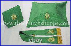 Green gothic vestment & 5 PC mass & stole set, Gothic chasuble, casula, casel, IHS
