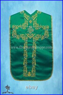 IHS Embroidery Chasuble Green Roman Fiddleback Vestment and Mass set