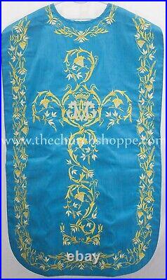 MARIAN BLUE Roman Chasuble Fiddleback Vestment & 5 piece mass set AM embroidery