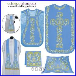 MARIAN BLUE Roman Chasuble Fiddleback Vestment & 5 piece mass set AM embroidery