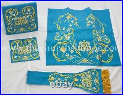 MARIAN BLUE Roman Chasuble Fiddleback Vestment & 5 piece mass set AM embroidery