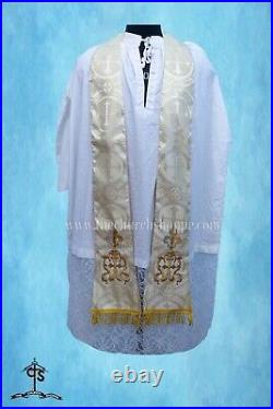 METALLIC GOLD Chasuble. St. Philip Neri Style vestment & mass set, IHS Embroidery