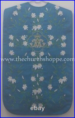 Marian Blue Roman Chasuble Fiddleback Vestment & 5pc mass set AM embroidery