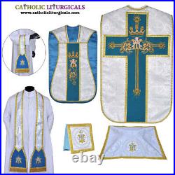 Marian Blue With Silver Brocade Marian Chasuble Vestment Fiddleback 5pc mass se