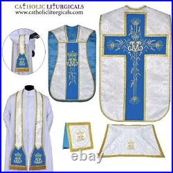 Marian Blue With Silver Brocade Marian Chasuble Vestment Fiddleback 5pc mass set