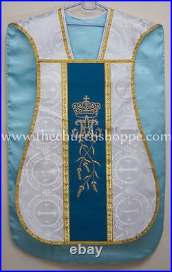 Marian Blue With Silver Brocade Marian Chasuble Vestment Fiddleback 5pc mass set
