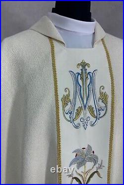 Marian CHASUBLE Gothic style vestment, embroidered, natural fabric