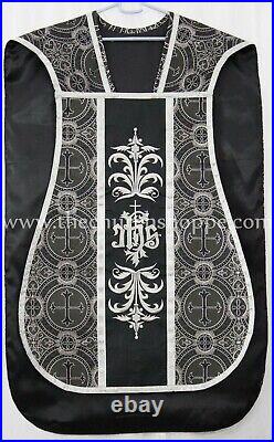 Metallic BLACK SILVER Roman Chasuble Fiddleback Vestment 5pc set, IHS embroidery