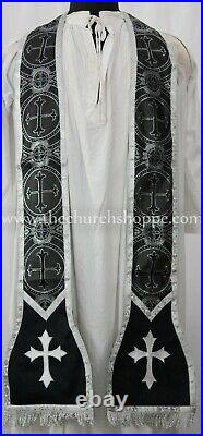 Metallic BLACK SILVER Roman Chasuble Fiddleback Vestment 5pc set, IHS embroidery