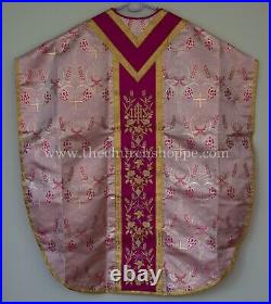 Metallic Dark Rose Chasuble. St. Philip Neri Style vestment & mass set 5 pc, IHS