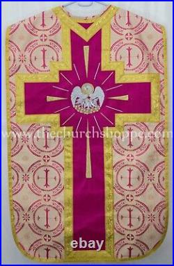 Metallic Dark Rose Roman Pelican Chasuble Fiddleback Vestment 5pcs set, metallic