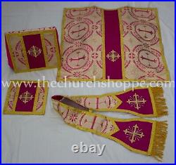 Metallic Dark Rose Roman Pelican Chasuble Fiddleback Vestment 5pcs set, metallic