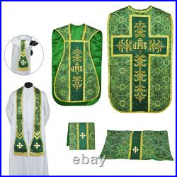 Metallic GREEN Roman Chasuble Fiddleback Vestment 5pc set, IHS embroidery, NEW