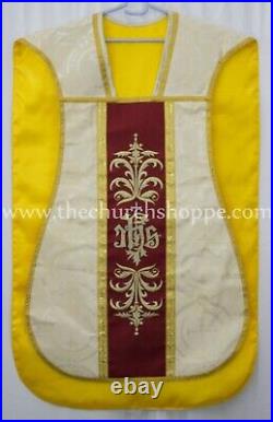 Metallic Gold Roman Chasuble Fiddleback Vestment 5pc set, IHS embroidery