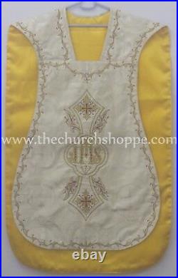 Metallic Gold Roman Chasuble Fiddleback Vestment & mass set IHS embroidery NEW