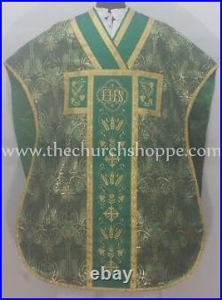 Metallic Green Chasuble. St. Philip Neri Style vestment & mass set 5 pc, IHS