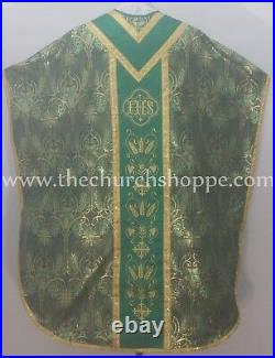 Metallic Green Chasuble. St. Philip Neri Style vestment & mass set 5 pc, IHS