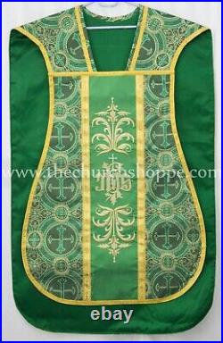 Metallic Green Roman Chasuble Fiddleback Vestment 5pc set, IHS embroidery
