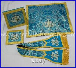 Metallic Marian Blue Roman Chasuble Fiddleback Vestment 5pc set, AM embroidery