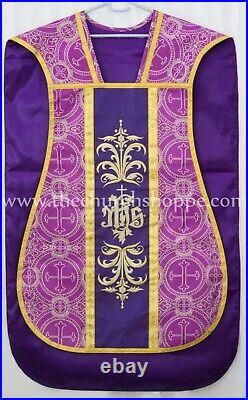 Metallic Purple Roman Chasuble Fiddleback Vestment 5pc set, IHS embroidery