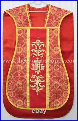 Metallic Red Roman Chasuble Fiddleback Vestment 5pc set, IHS embroidery