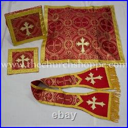 Metallic Red Roman Chasuble Fiddleback Vestment 5pc set, IHS embroidery