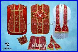 Metallic Red Roman Chasuble Fiddleback Vestment mass set, Holy Spirit embroidery